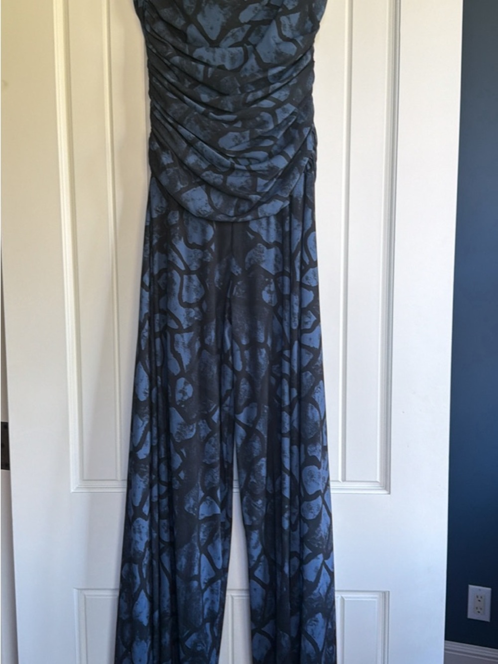 Blue and Black Ruched Wide-Leg Jumpsuit